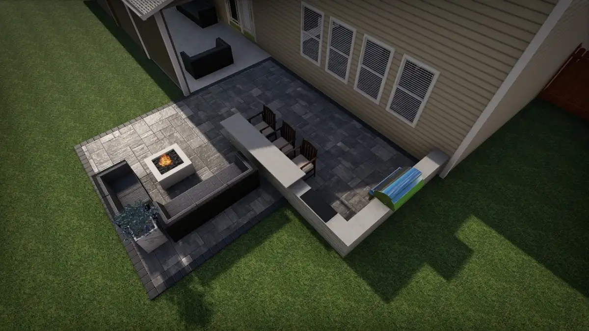 3D outdoor living design render showing patio, kitchen, seating, and lighting options for a Wilmington NC home