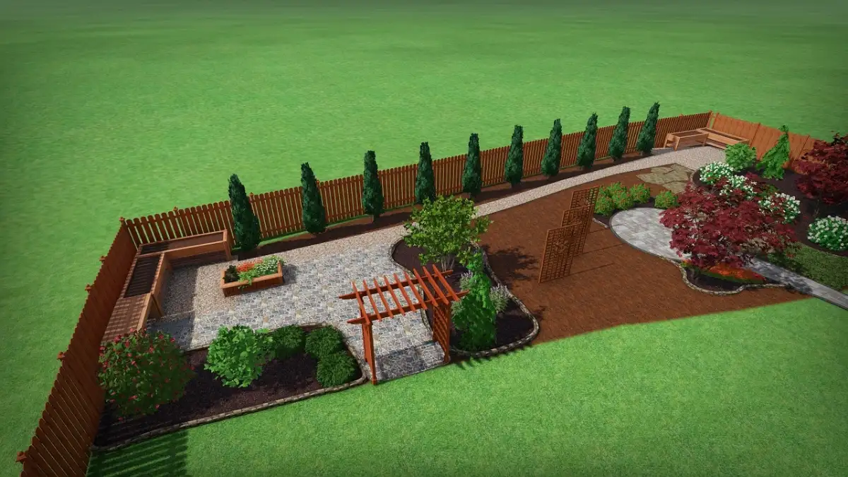 3D outdoor living design render for a Wilmington NC patio, kitchen, seating, and lighting plan
