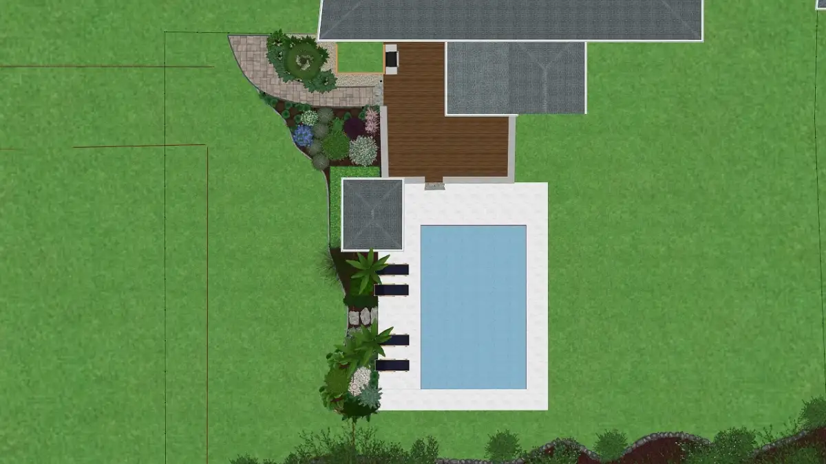 Overhead 3D outdoor living plan showing a pool, deck, paths, planting, and connected backyard zones